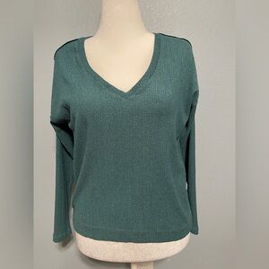 Anthropologie Green Textured V-Neck Top Minimalist Luxe Casual Blouse Crepe XS